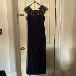 Long dark blue shear gown- beaded neck line